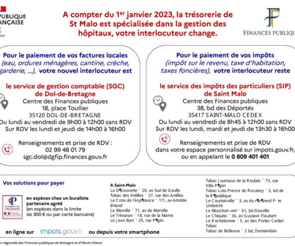 Transfert de l’activité de gestion des collectivités locales de la trésorerie de Saint-Malo vers le service de gestion comptable (SGC) de Dol-de-Bretagne.