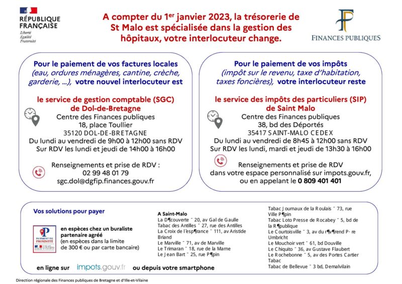 Transfert de l’activité de gestion des collectivités locales de la trésorerie de Saint-Malo vers le service de gestion comptable (SGC) de Dol-de-Bretagne.