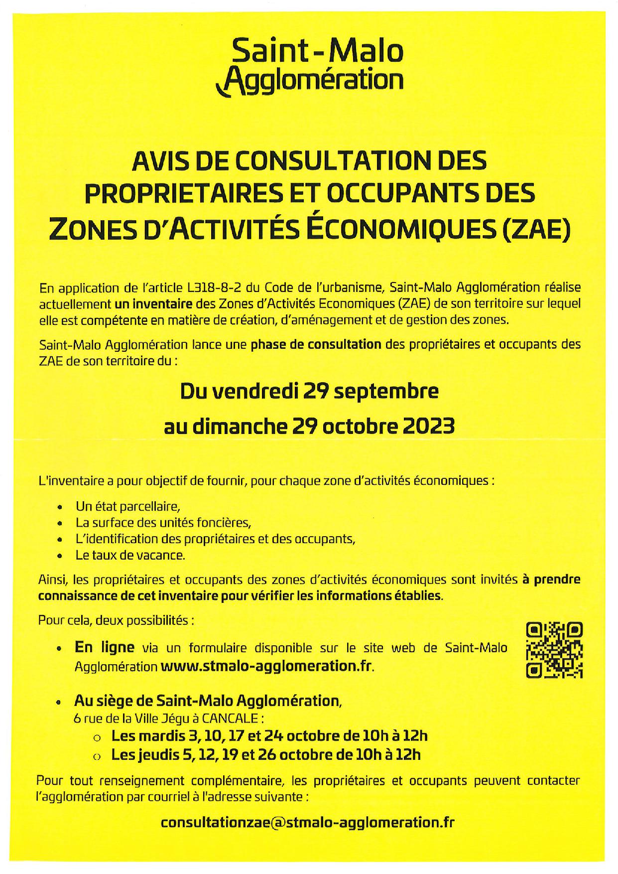 Avis de consultation des propriétaires et occupants des zones d’activités économiques(ZAE)