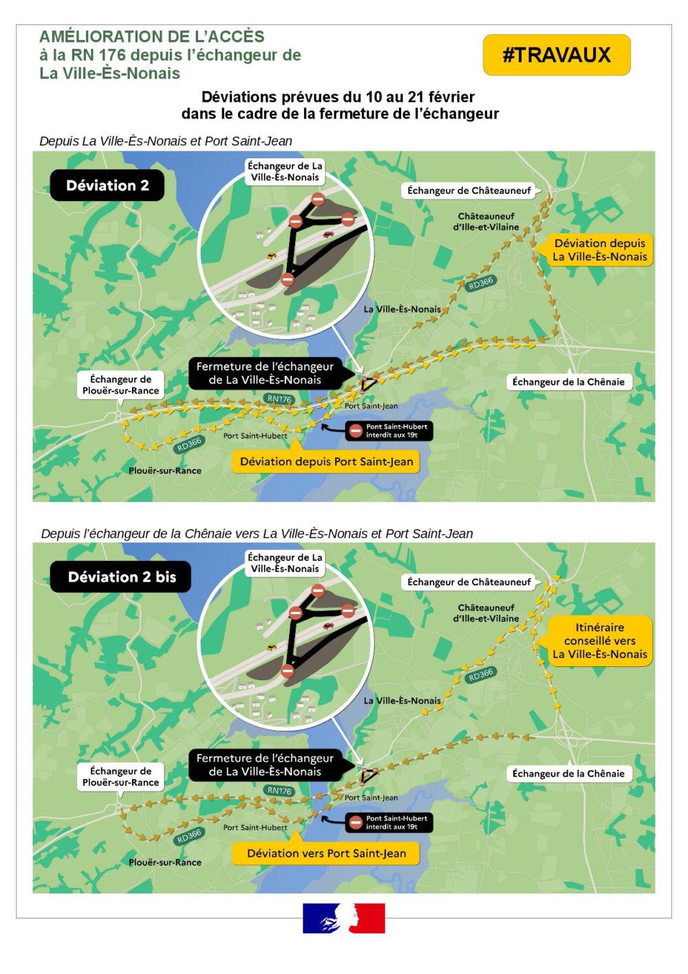  RN176 : travaux et déviations  du 10 au 21 février